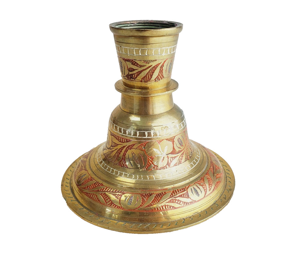 Antique Brass Hookah Base Pot Original Old Hand-Crafted Etched Floral Design Red
